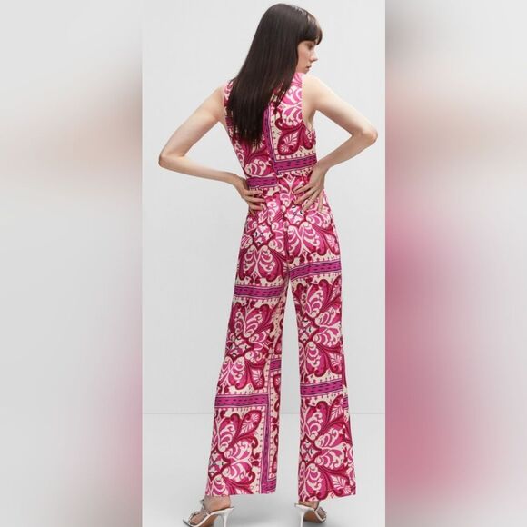 MANGO Printed jumpsuit with metal detail NWT Size Large Pink And Cream - Picture 2 of 6